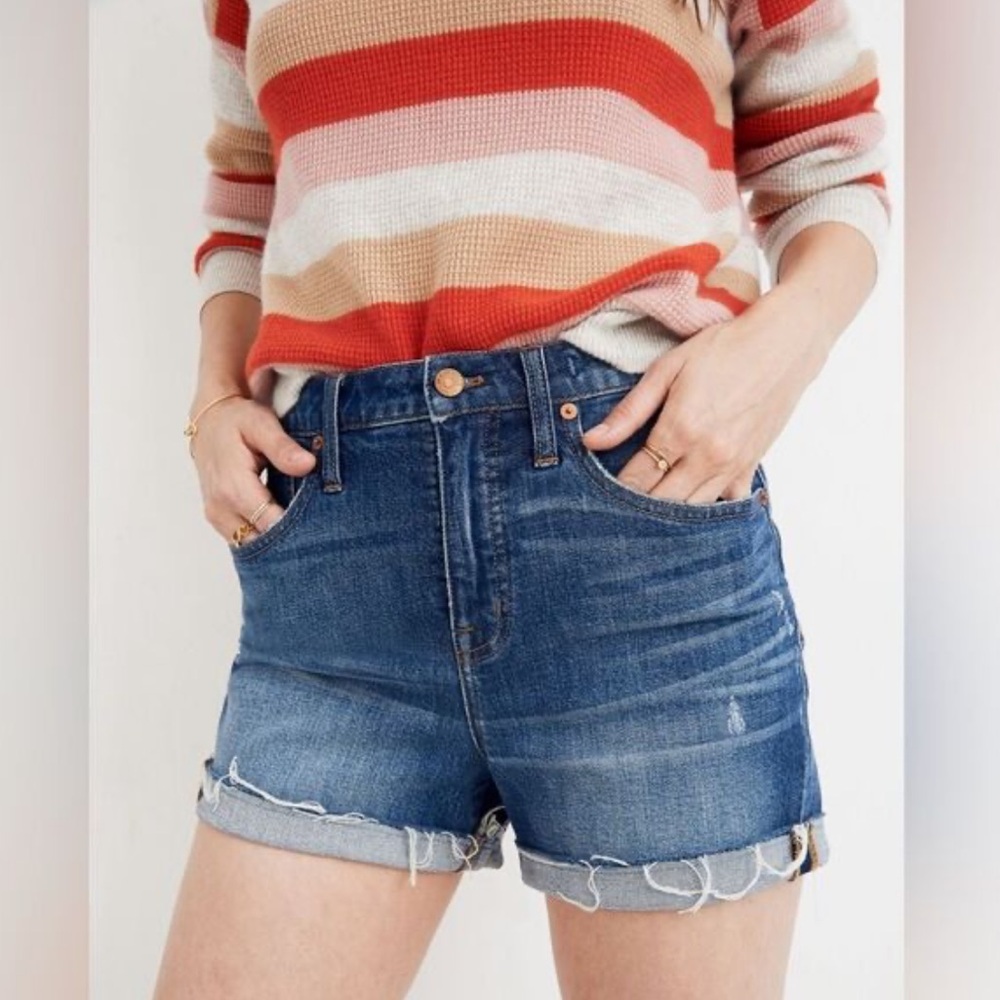 (24) Madewell High-Rise Denim Cutoff Shorts Glenoaks Wash Medium Blue Raw Hem